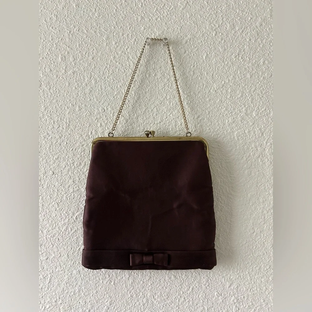 Vintage Unger Burgundy Satin Kiss Lock Clutch w/ Chain Strap - Picture 9 of 9